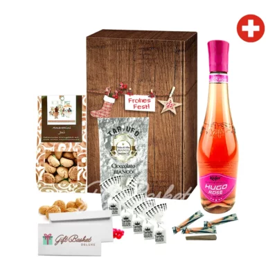 wine and sweets gift basket to switzerland