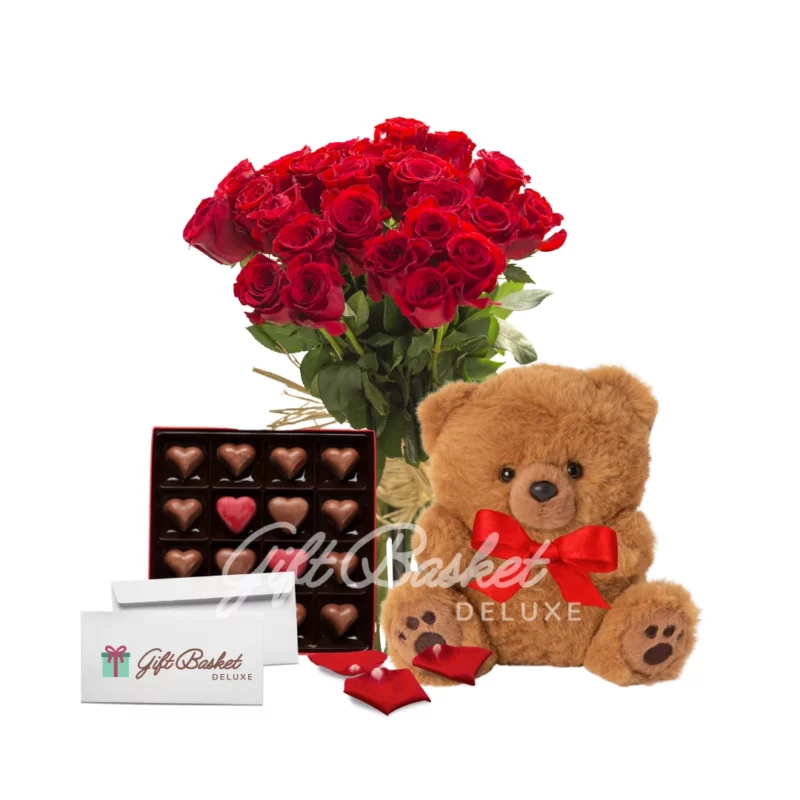 teddy bear, rose and chocolate delivery